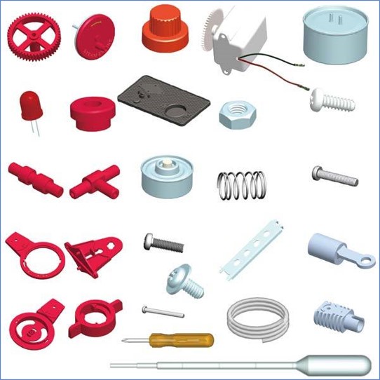 An image shows parts of a steam engine model